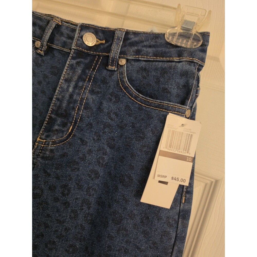 DKNY Girls Straight Leg Jeans Size 10 NWT Blue Cheetah Print Adjustable Waist